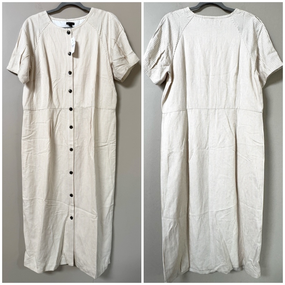 NWT Ann Taylor Toasted Oat Striped Balloon Sleeve Button Front Midi Dress Sz 16 - Picture 4 of 8
